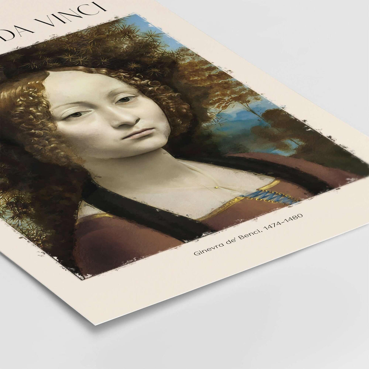Leonardo da Vinci Art Print - Ginevra de Benci c1474 Early Renaissance Portrait Art Print, featuring a detailed image of Ginevra de Benci.