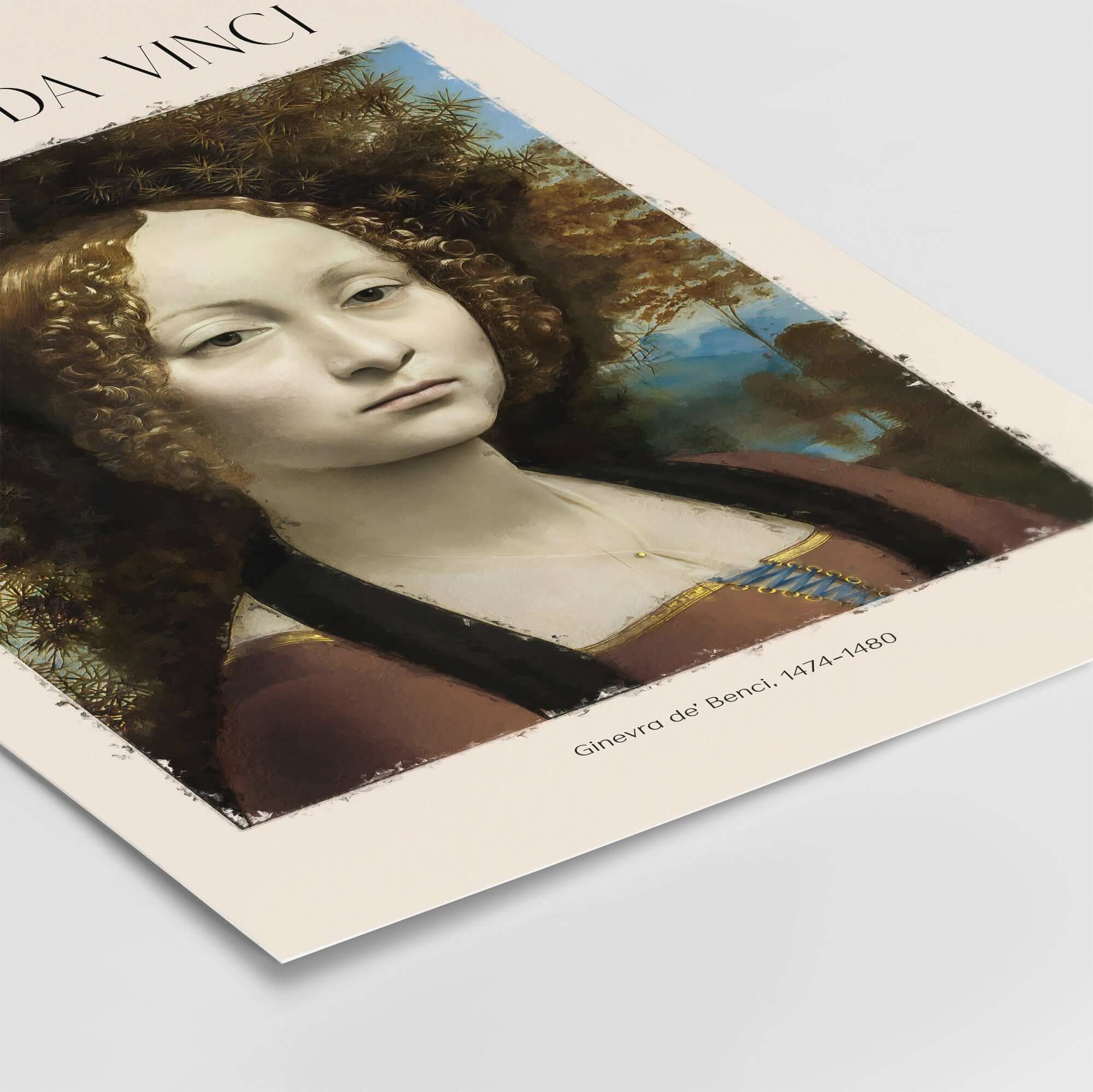 Leonardo da Vinci Art Print - Ginevra de Benci c1474 Early Renaissance Portrait Art Print, featuring a detailed image of Ginevra de Benci.