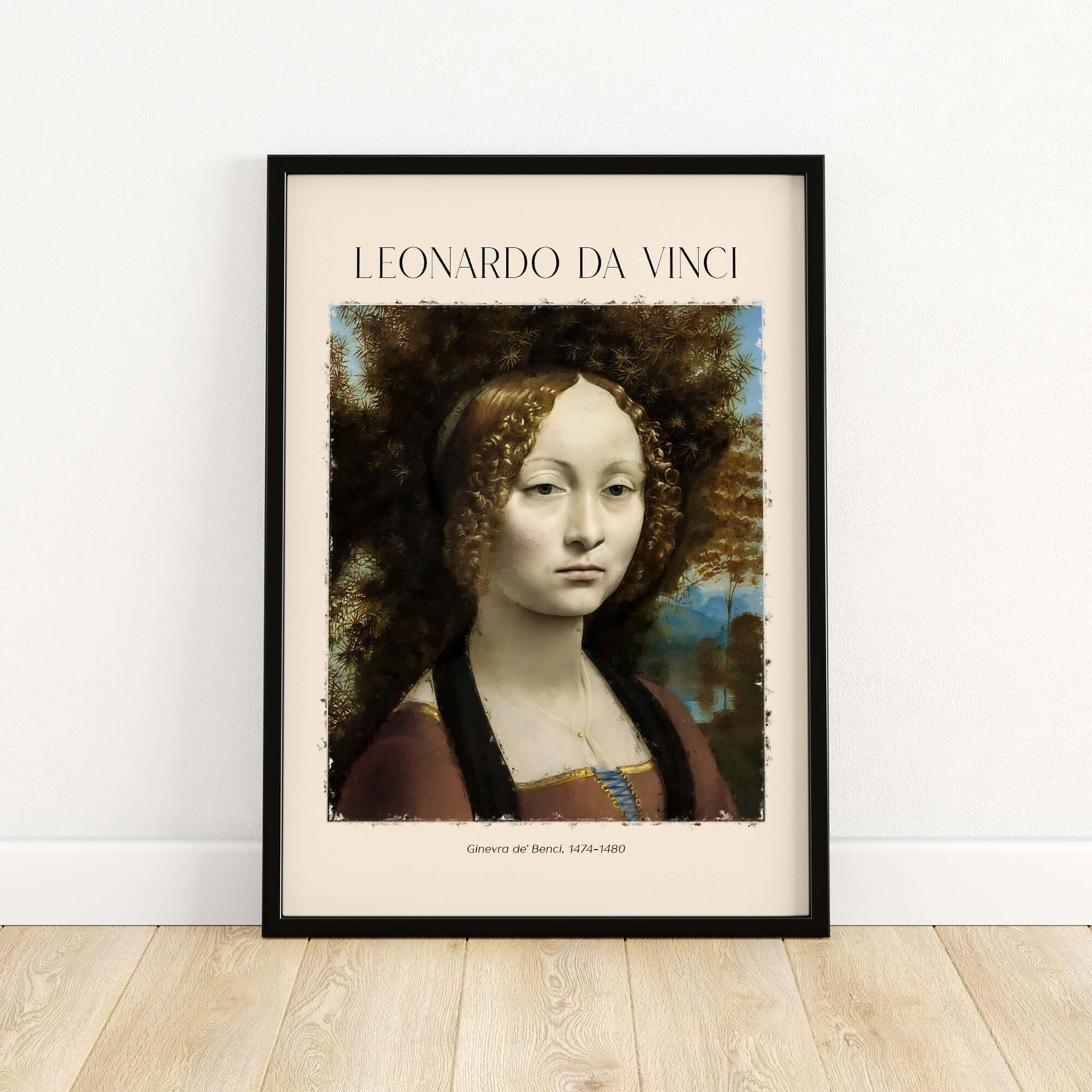 Leonardo da Vinci Art Print - Ginevra de Benci c1474 Early Renaissance Portrait Art Print displayed in a stylish frame.