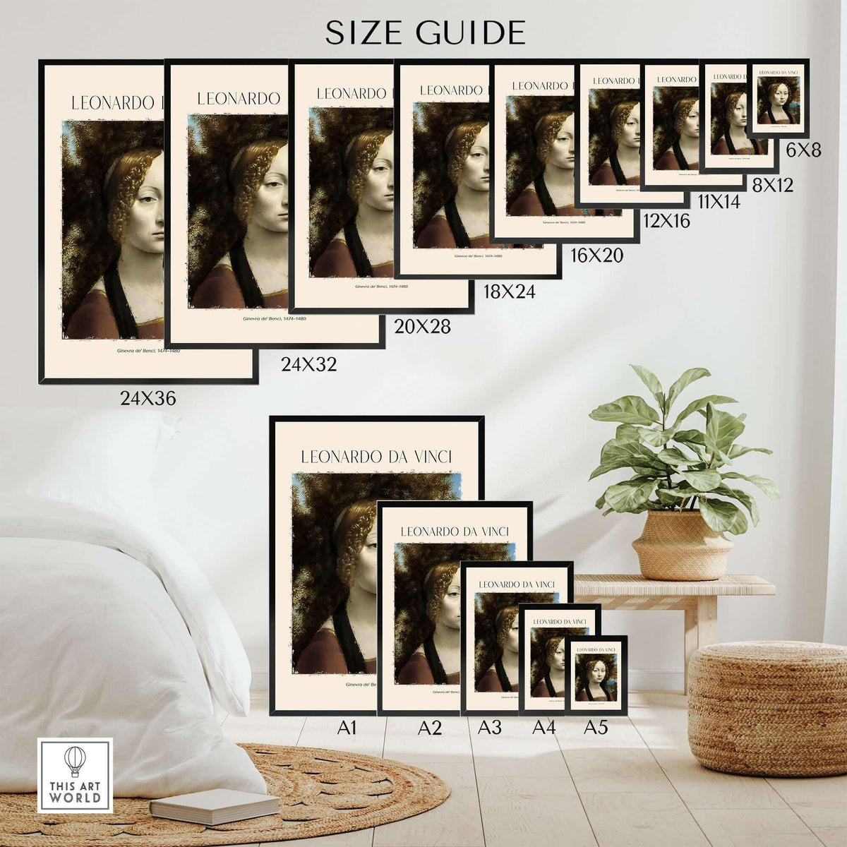 Leonardo da Vinci Art Print - Ginevra de Benci c1474 Early Renaissance Portrait Art Print size guide layout