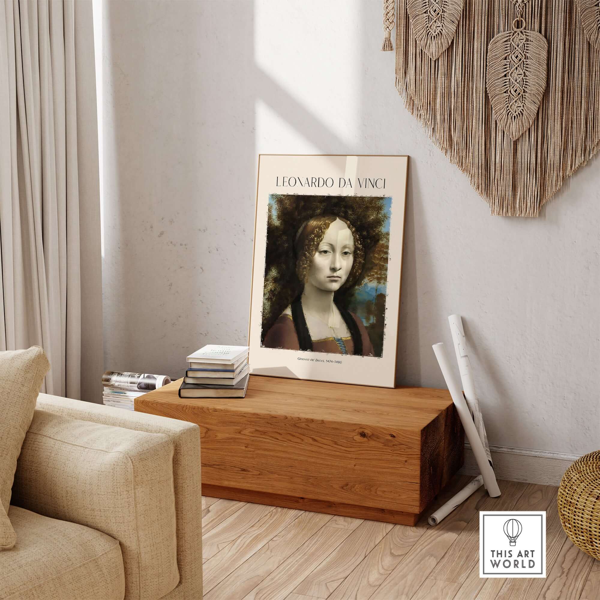 Leonardo da Vinci Art Print - Ginevra de Benci c1474 Early Renaissance Portrait Art Print displayed in a stylish room decor.