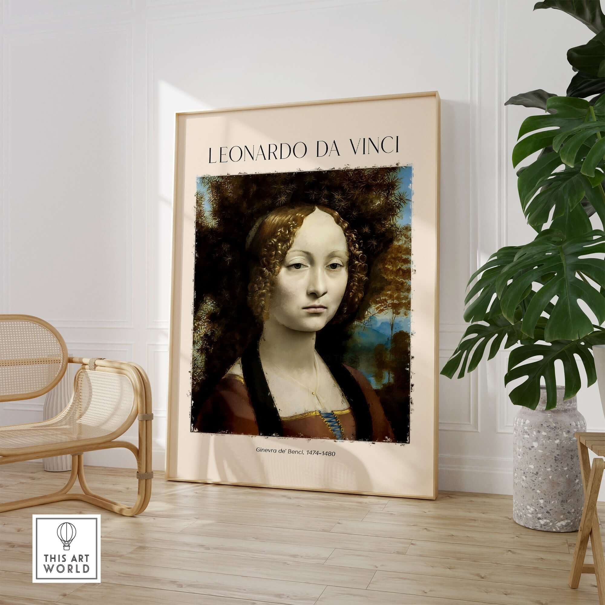 Leonardo da Vinci Art Print - Ginevra de Benci c1474 Early Renaissance Portrait Art Print displayed in a modern setting.