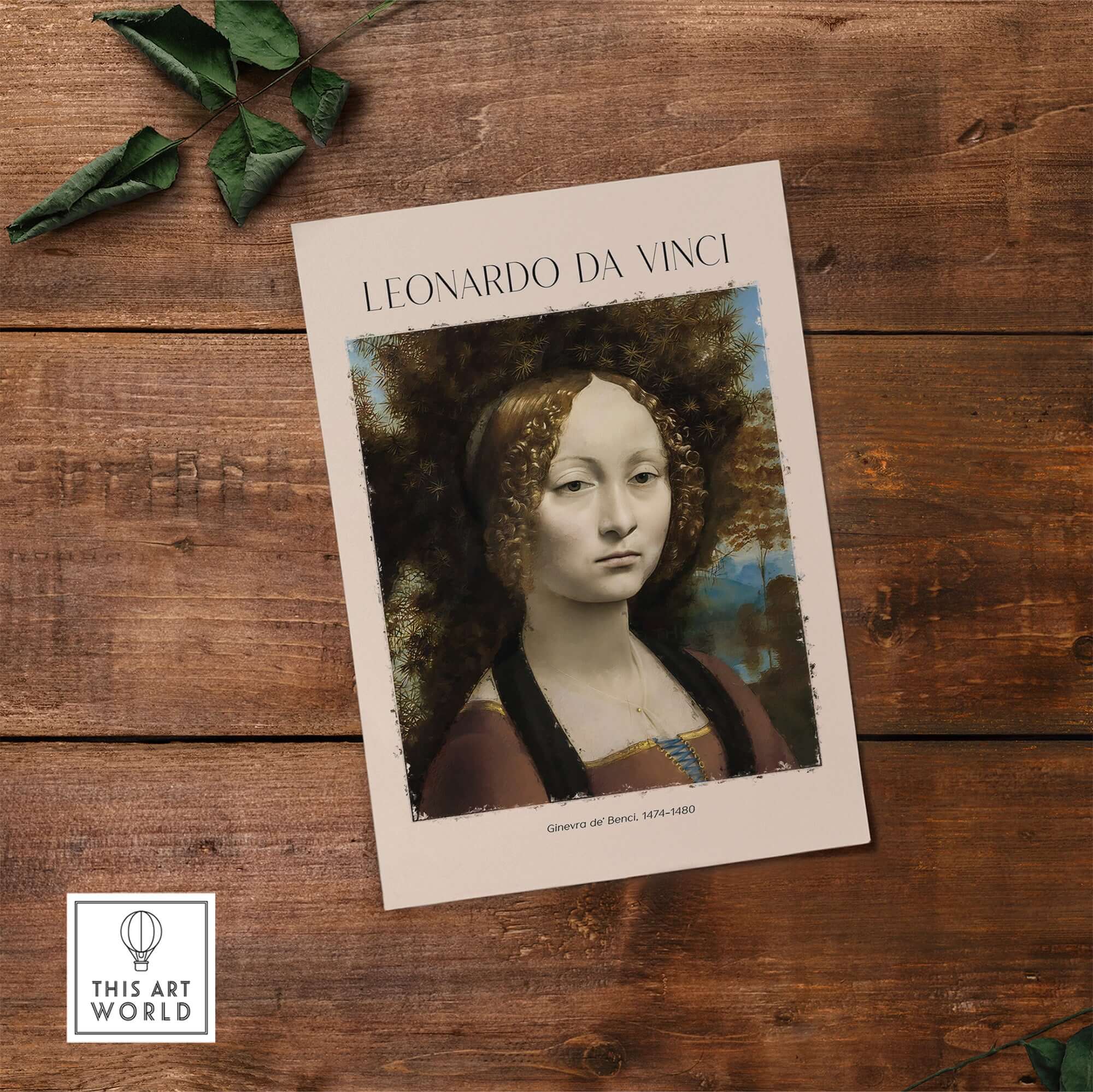Leonardo da Vinci Art Print - Ginevra de Benci c1474 Early Renaissance Portrait Art Print on wood background