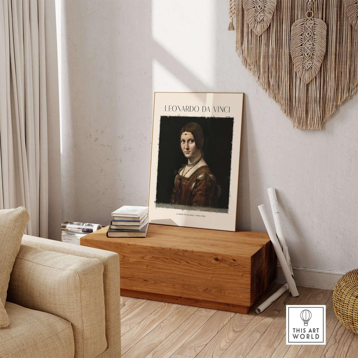Leonardo da Vinci La Belle Ferronnière 1490s Renaissance Portrait Art Print displayed in a modern living room setting.