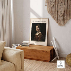 Leonardo da Vinci La Belle Ferronnière 1490s Renaissance Portrait Art Print displayed in a modern living room setting.