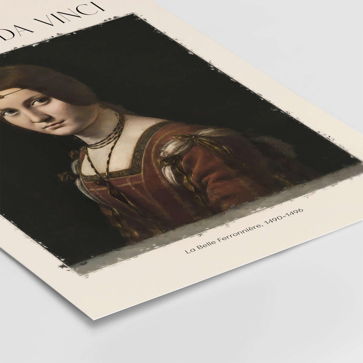 Leonardo da Vinci La Belle Ferronnière 1490s Renaissance Portrait Art Print displayed on a flat surface.