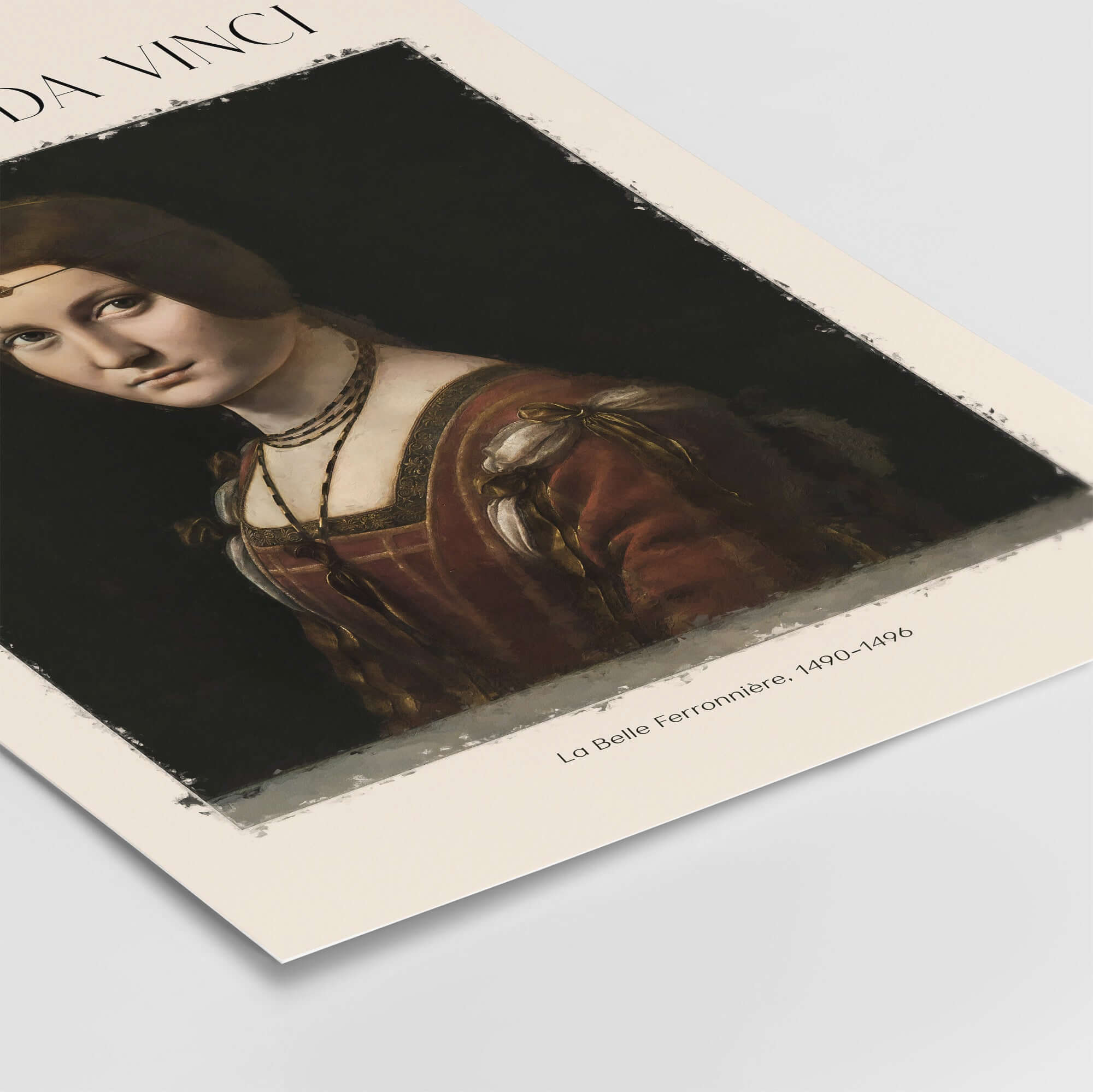 Leonardo da Vinci La Belle Ferronnière 1490s Renaissance Portrait Art Print displayed on a flat surface.