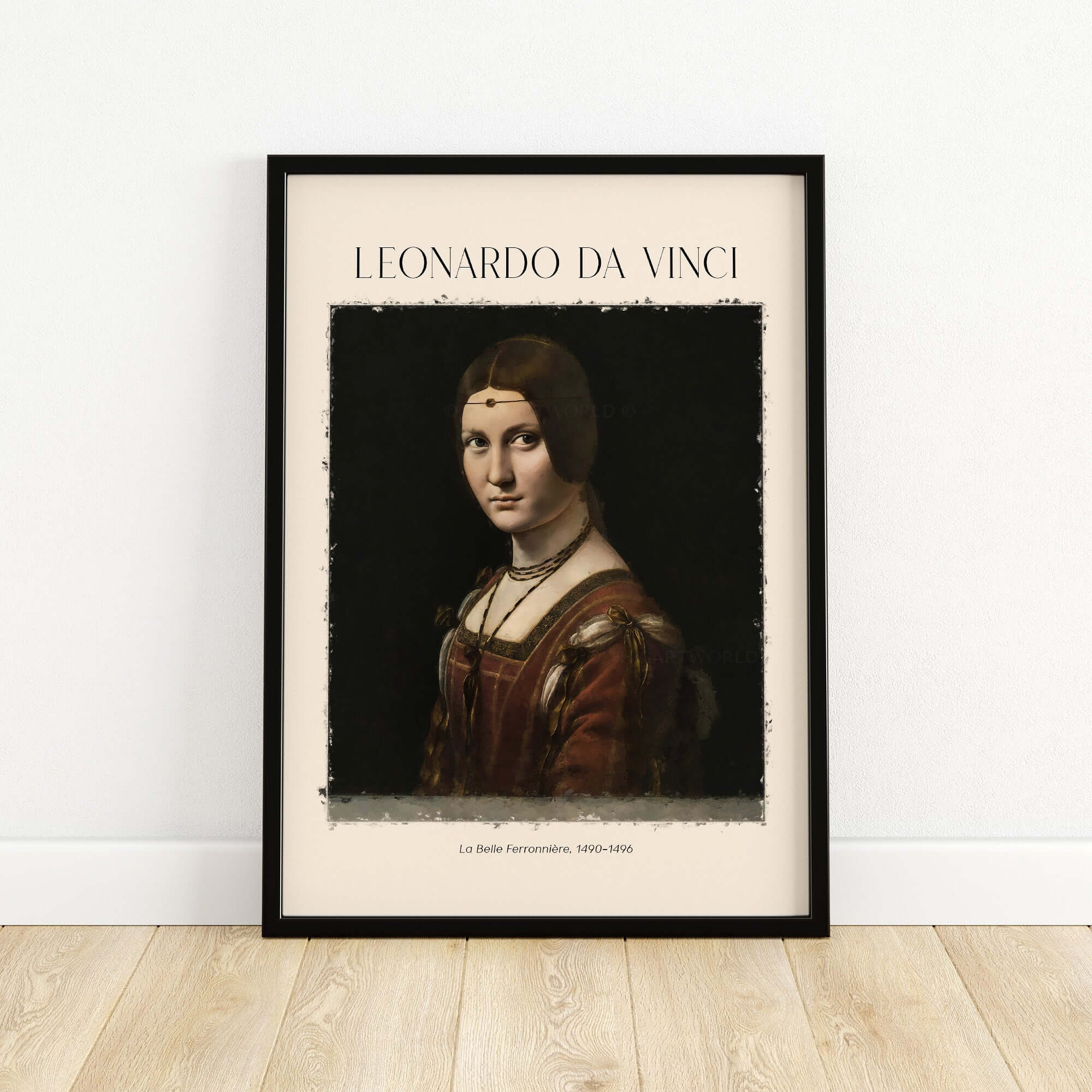 Leonardo da Vinci La Belle Ferronnière 1490s Renaissance Portrait Art Print in black frame on wall