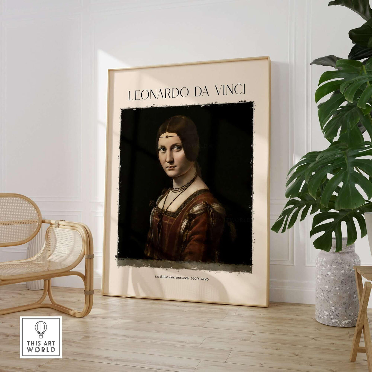 Leonardo da Vinci La Belle Ferronnière 1490s Renaissance Portrait Art Print displayed in a modern interior setting.