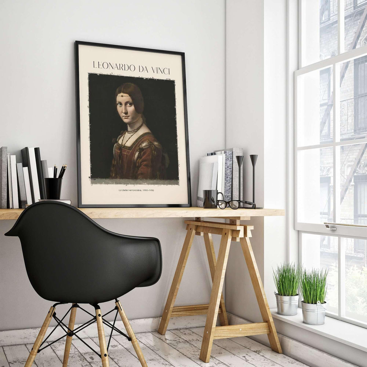 Leonardo da Vinci La Belle Ferronnière 1490s Renaissance Portrait Art Print displayed in a modern workspace.