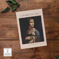 Leonardo da Vinci Art Print - Lady with an Ermine 1490 Cecilia Gallerani Portrait Art Print on a rustic wooden background.