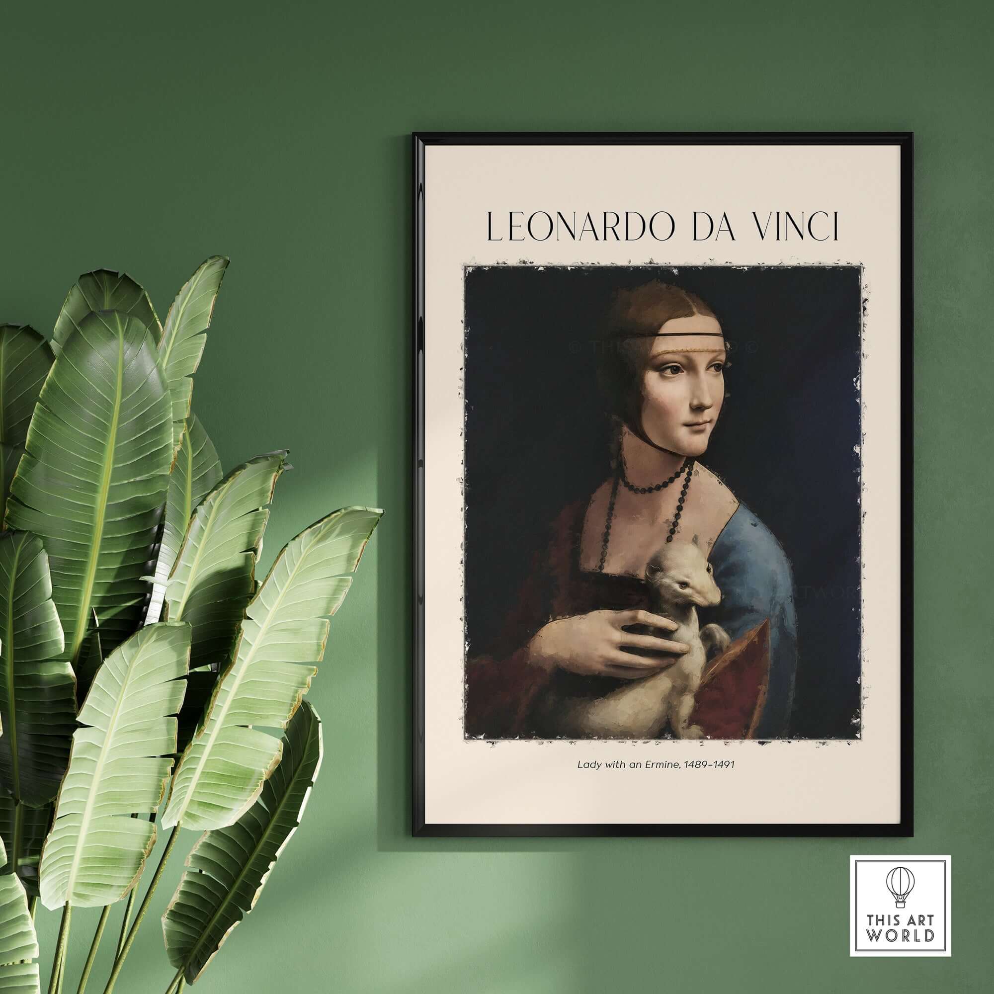 Leonardo da Vinci Art Print - Lady with an Ermine 1490 Cecilia Gallerani Portrait Art Print displayed on wall.