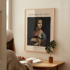 Leonardo da Vinci Art Print - Lady with an Ermine 1490 Cecilia Gallerani Portrait Art Print displayed on a wall.