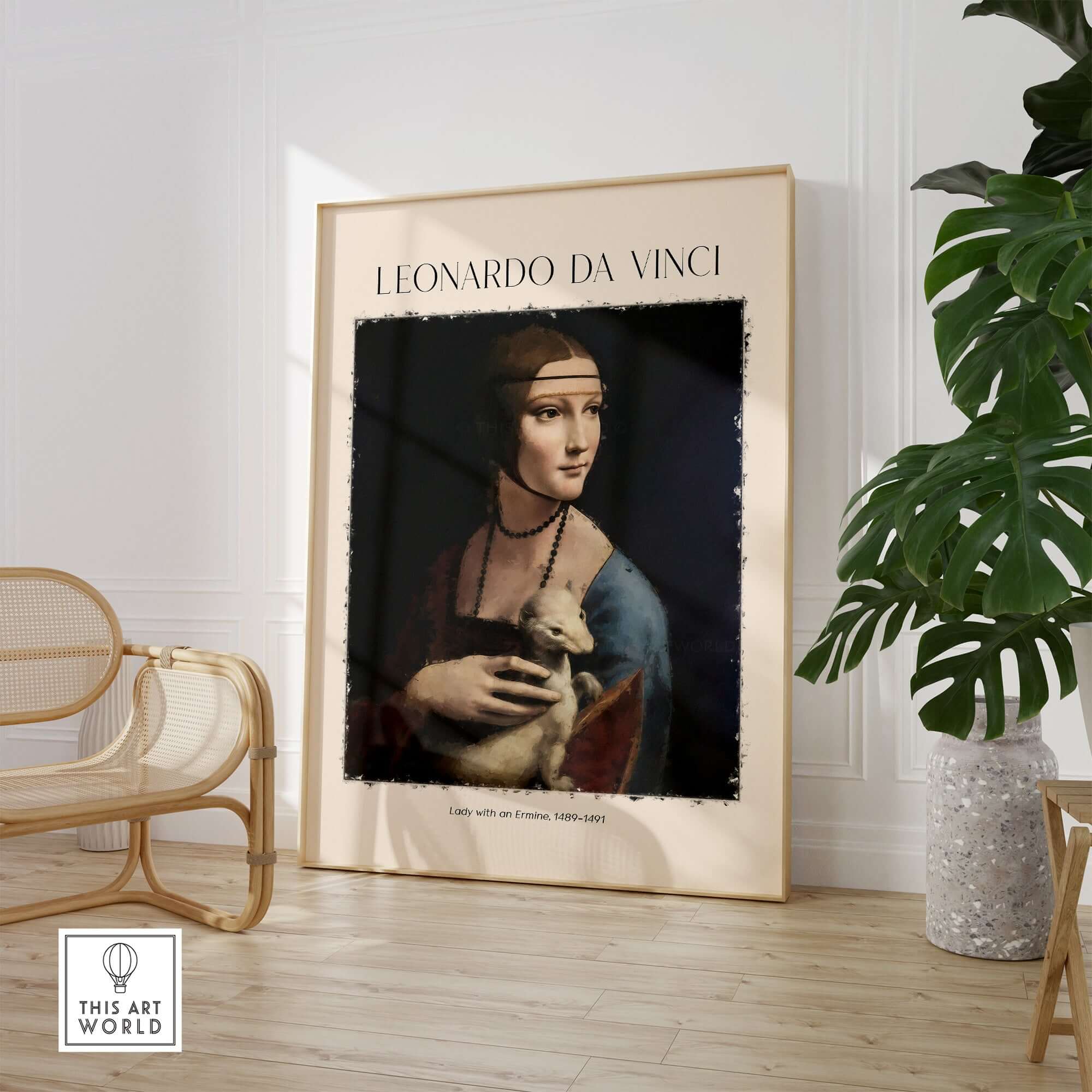 Leonardo da Vinci Art Print - Lady with an Ermine 1490 Cecilia Gallerani Portrait Art Print displayed in a modern interior.