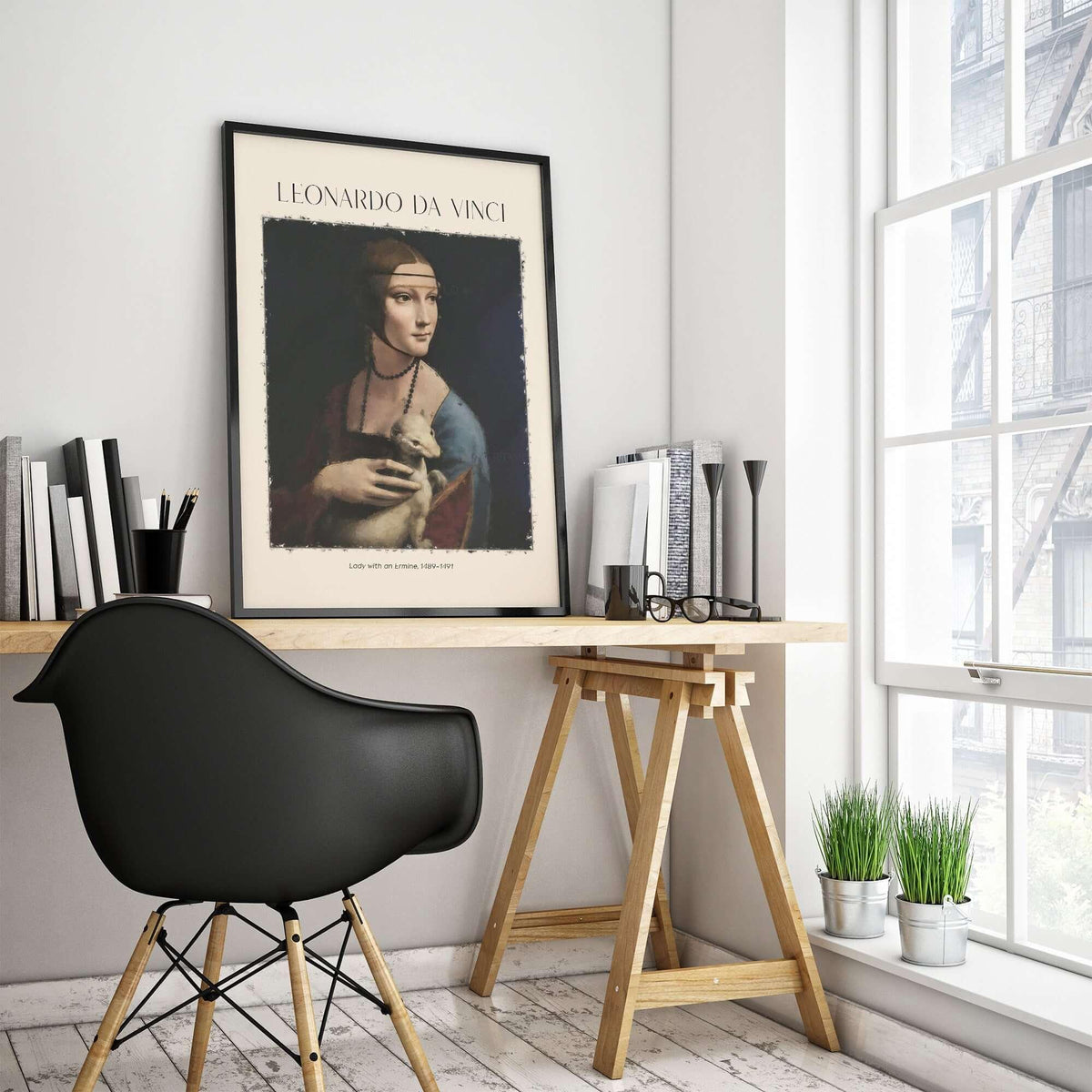 Leonardo da Vinci Art Print - Lady with an Ermine 1490 Cecilia Gallerani Portrait Art Print displayed in a modern workspace.