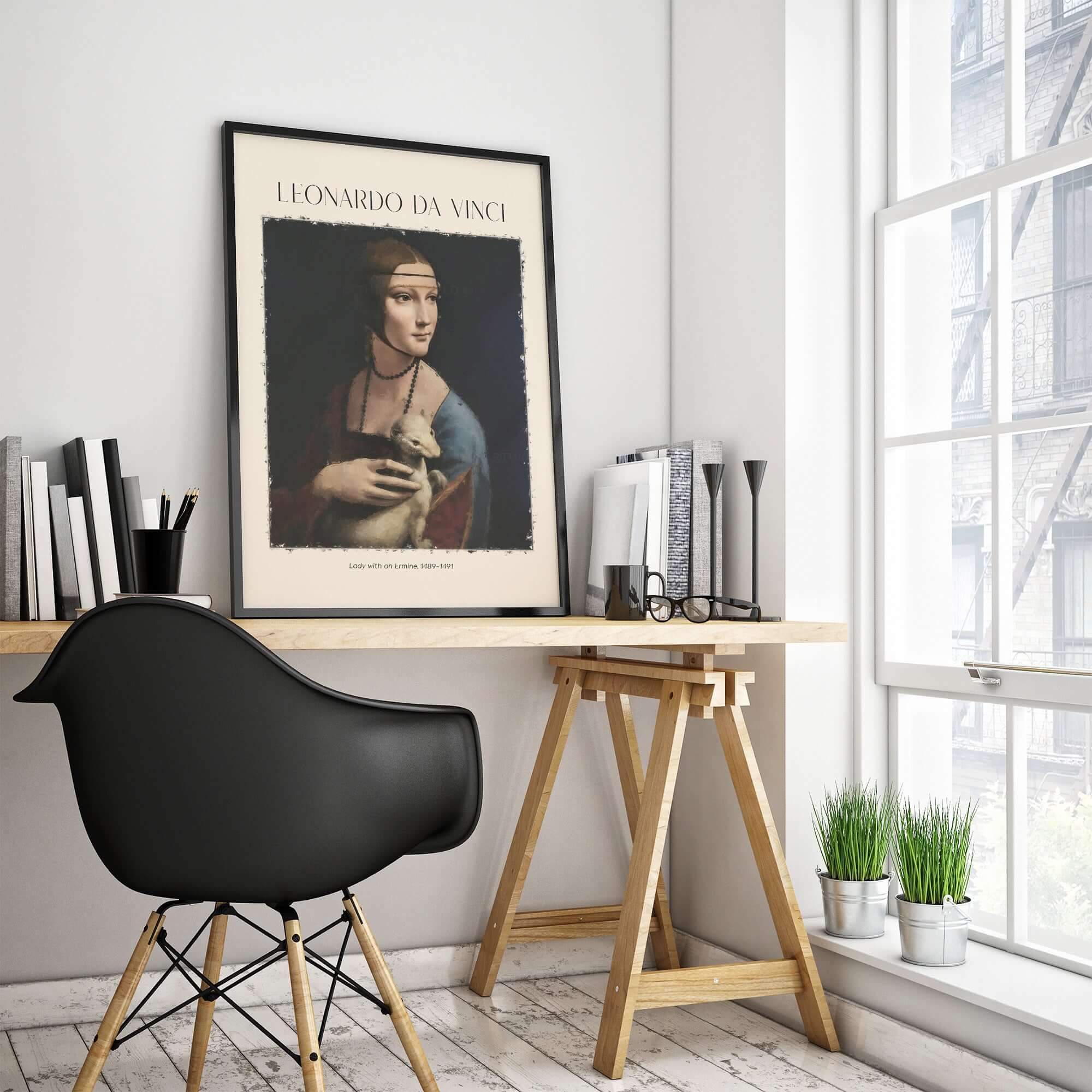 Leonardo da Vinci Art Print - Lady with an Ermine 1490 Cecilia Gallerani Portrait Art Print displayed in a modern workspace.