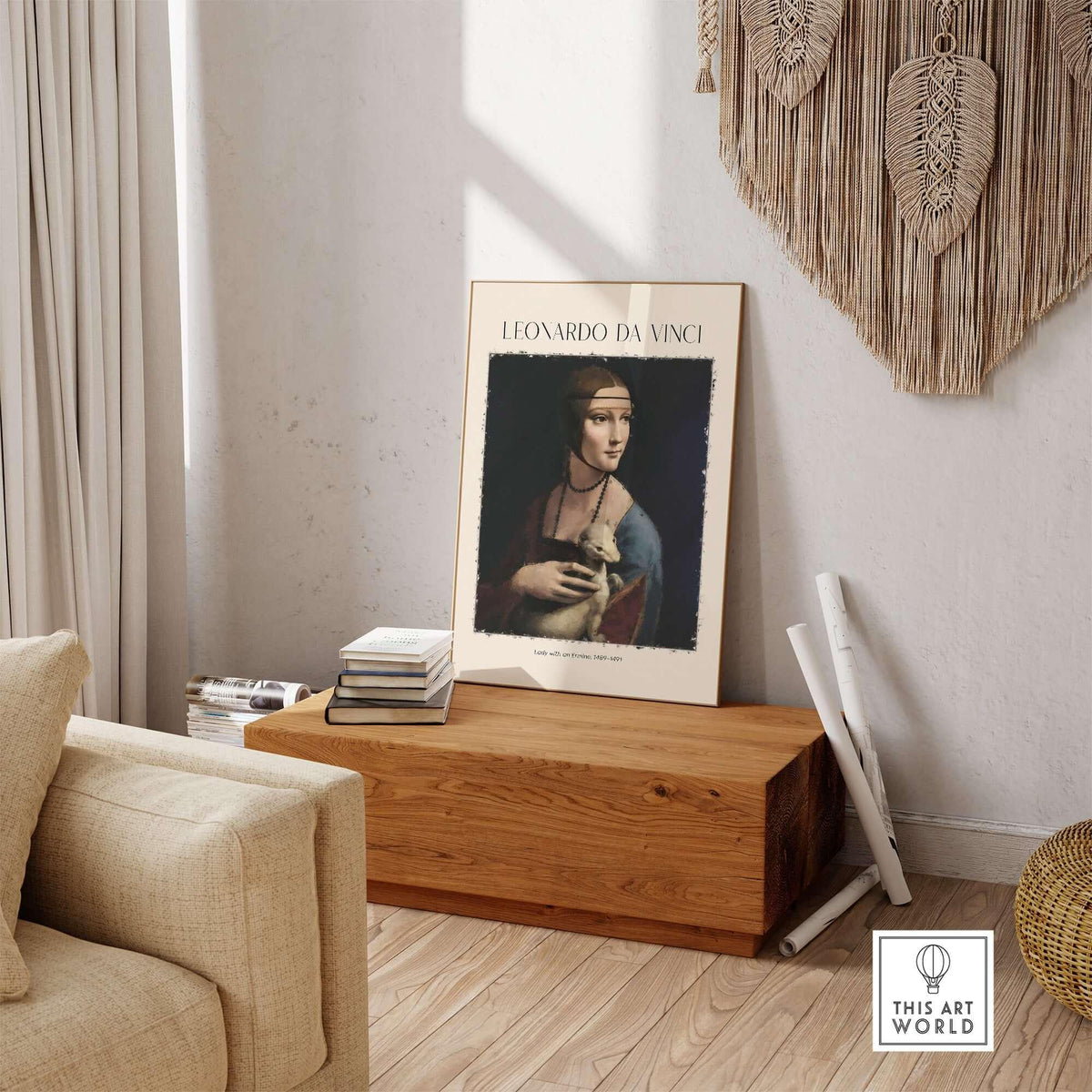 Leonardo da Vinci Art Print - Lady with an Ermine 1490 Cecilia Gallerani Portrait Art Print displayed in a stylish living room.