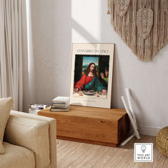 Leonardo da Vinci Art Print - The Last Supper Detail Christ 1498 Renaissance Mural Art Print displayed in a modern living room.