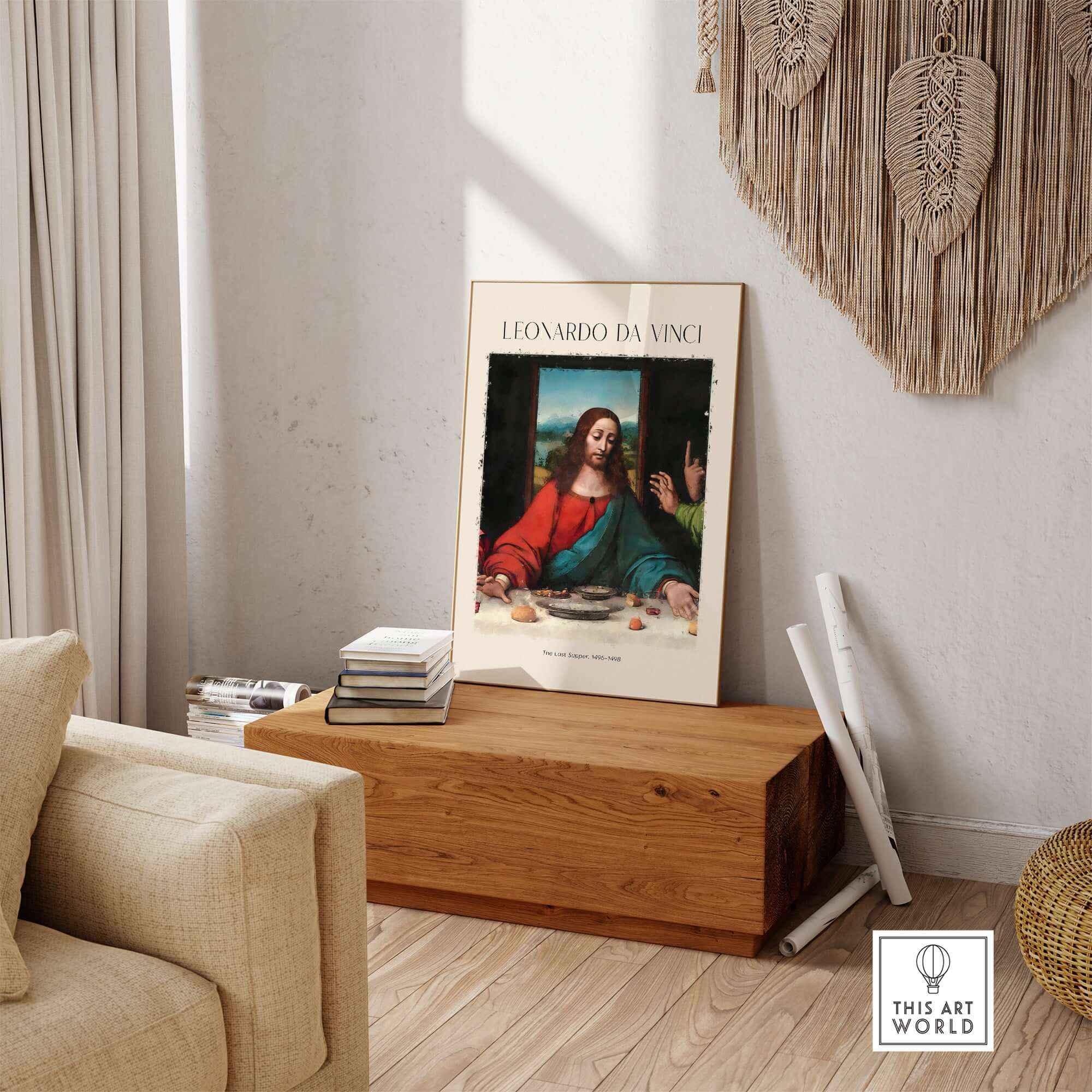 Leonardo da Vinci Art Print - The Last Supper Detail Christ 1498 Renaissance Mural Art Print displayed in a modern living room.