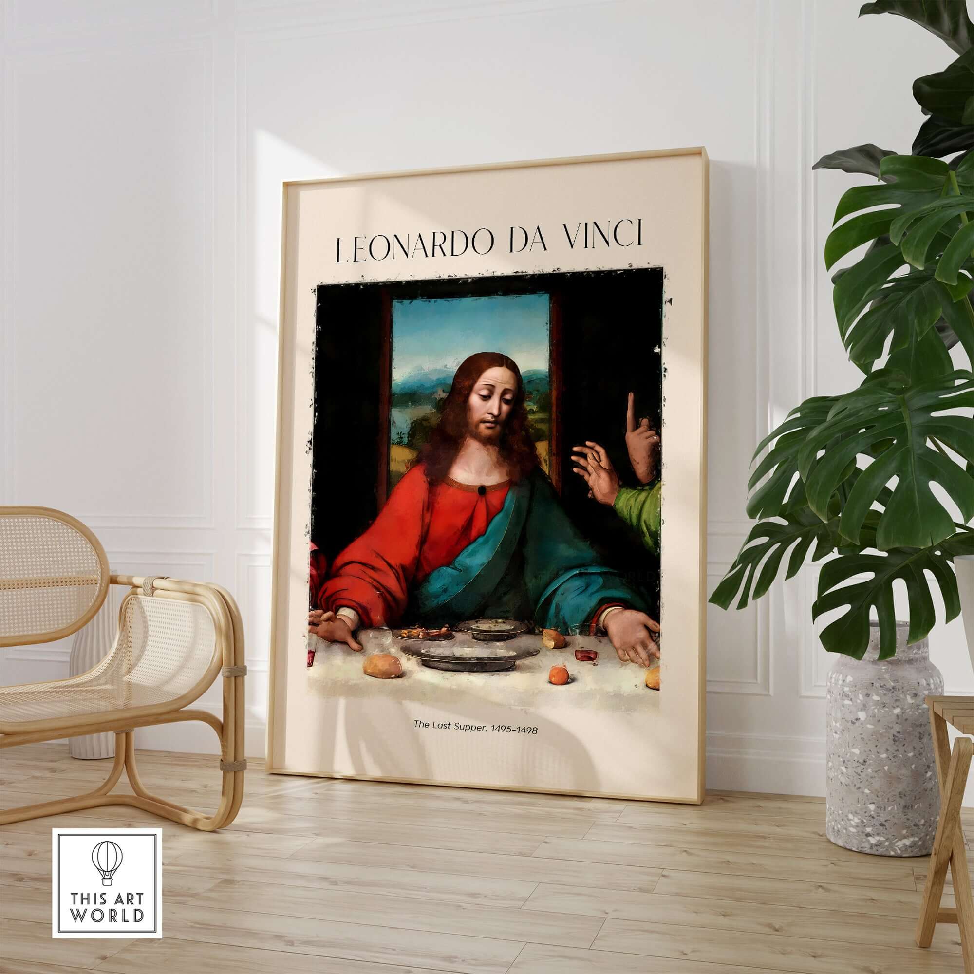 Leonardo da Vinci Art Print -  The Last Supper Detail Christ 1498 Renaissance Mural Art Print displayed in a stylish interior.