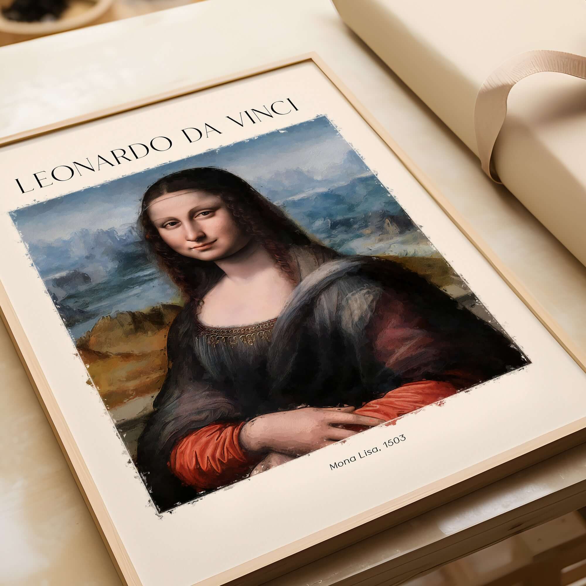 Leonardo da Vinci Art Print -  Mona Lisa 1503 Iconic Renaissance Portrait Art Print Louvre Poster displayed in a frame.