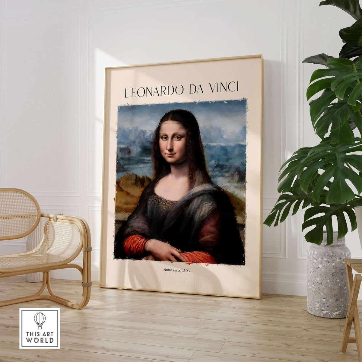 Leonardo da Vinci Art Print -  Mona Lisa 1503 Iconic Renaissance Portrait Art Print Louvre Poster displayed in a modern interior.