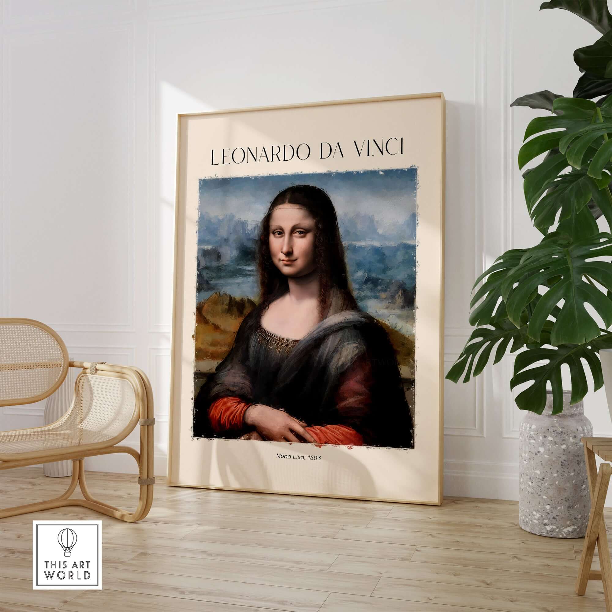Leonardo da Vinci Art Print -  Mona Lisa 1503 Iconic Renaissance Portrait Art Print Louvre Poster displayed in a modern interior.