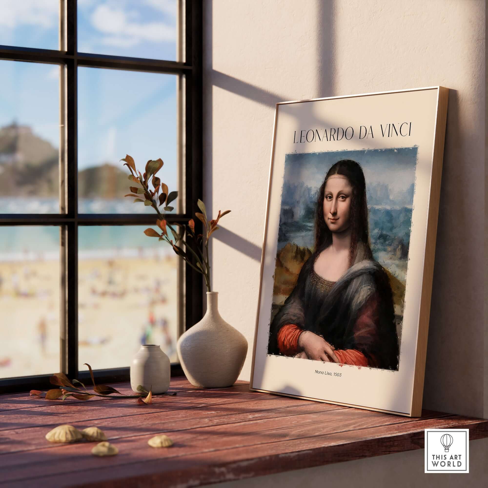 Leonardo da Vinci Art Print -  Mona Lisa 1503 Iconic Renaissance Portrait Art Print Louvre Poster displayed in a bright interior.