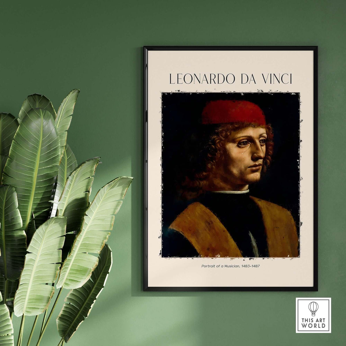 Leonardo da Vinci Art Print - Portrait of a Musician 1480s Early Male Portrait Art Print displayed on a wall.