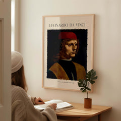 Leonardo da Vinci Art Print - Portrait of a Musician 1480s Early Male Portrait Art Print displayed in a home.