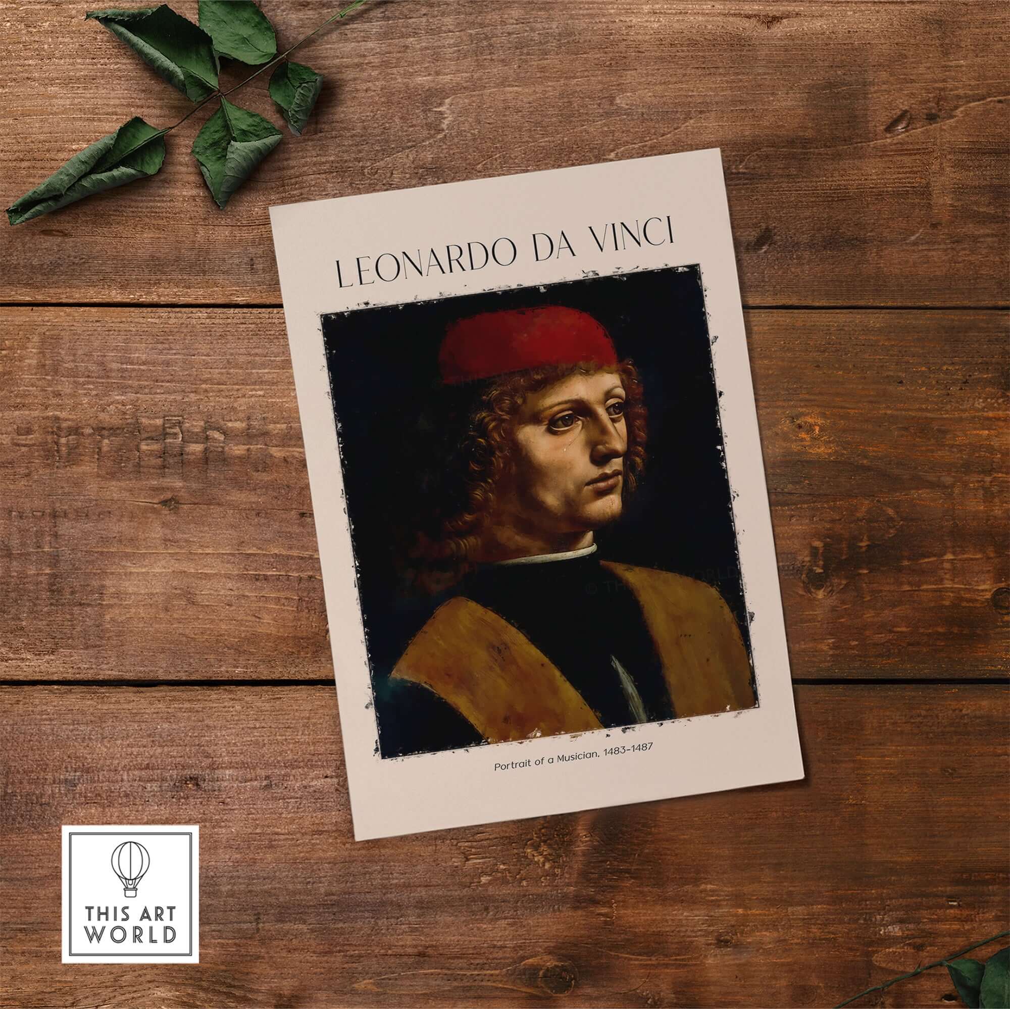 Leonardo da Vinci Art Print -  Portrait of a Musician 1480s Early Male Portrait Art Print displayed on a wooden background.