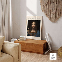 Leonardo da Vinci Salvator Mundi c1500 Portrait of Christ Art Print Poster displayed in a stylish living room setting.