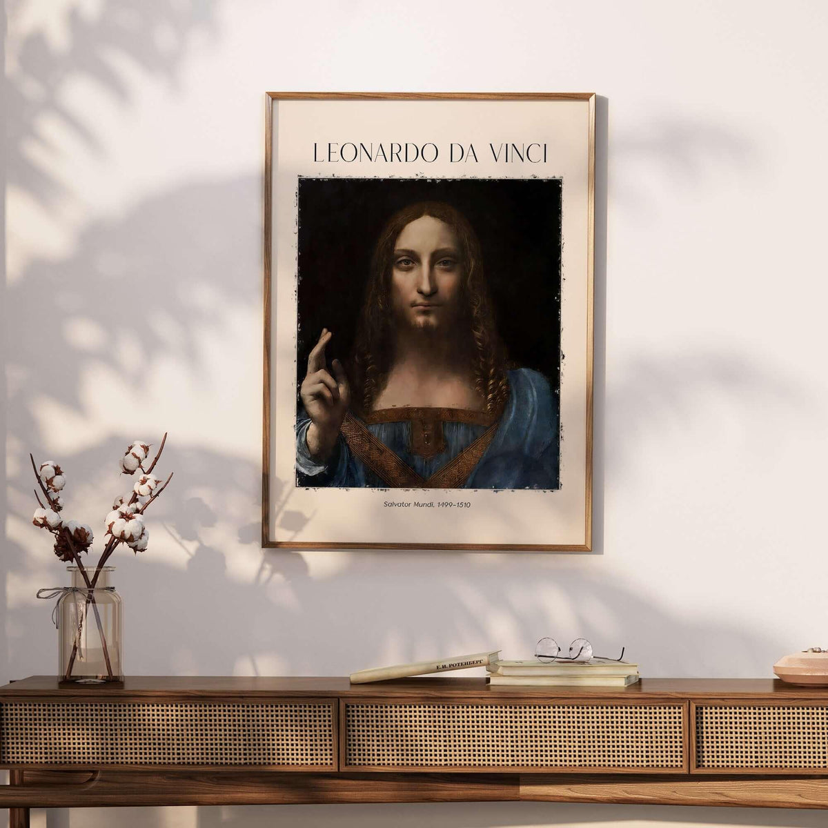 Leonardo da Vinci Salvator Mundi c1500 Portrait of Christ Art Print Poster displayed on a wall.