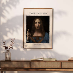 Leonardo da Vinci Salvator Mundi c1500 Portrait of Christ Art Print Poster displayed on a wall.