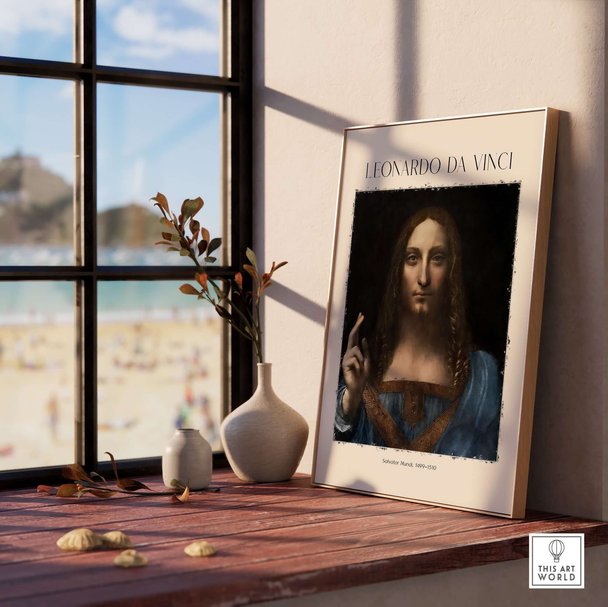 Leonardo da Vinci Salvator Mundi c1500 Portrait of Christ Art Print Poster displayed on a windowsill with beach view.