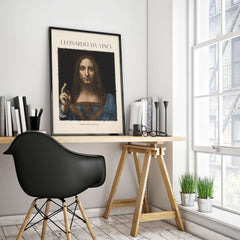 Leonardo da Vinci Salvator Mundi c1500 Portrait of Christ Art Print Poster displayed in a modern workspace.