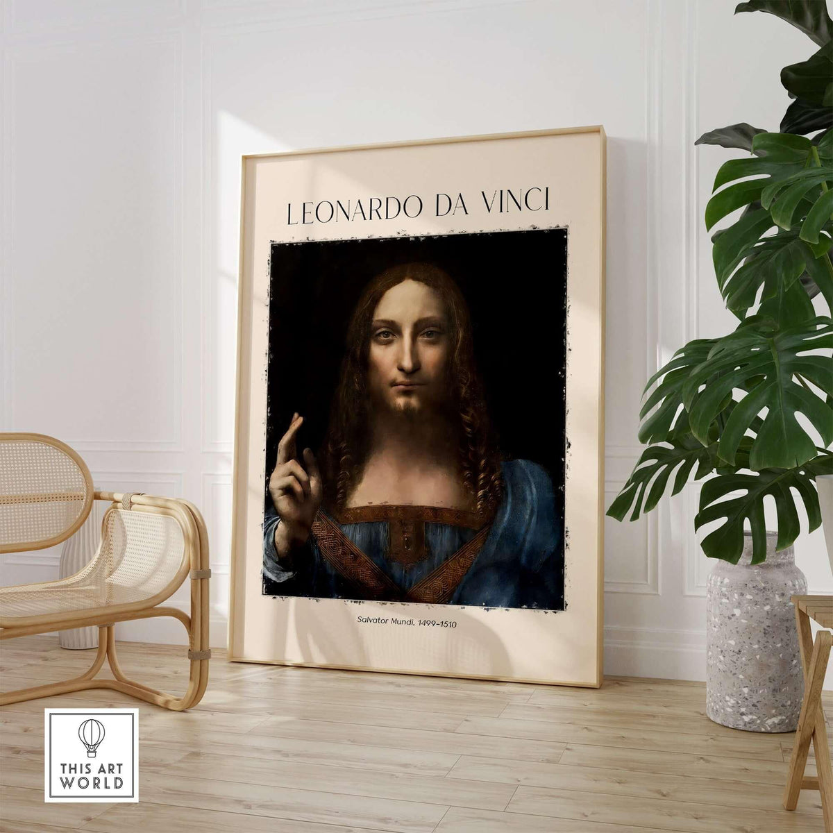 Leonardo da Vinci Salvator Mundi c1500 Portrait of Christ Art Print Poster displayed in a stylish interior.