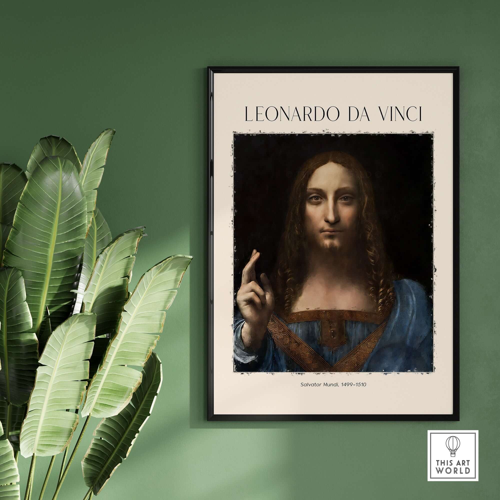 Leonardo da Vinci Salvator Mundi c1500 Portrait of Christ Art Print Poster displayed on a green wall.