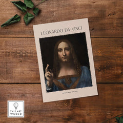 Leonardo da Vinci Salvator Mundi c1500 Portrait of Christ Art Print Poster displayed on wooden surface.