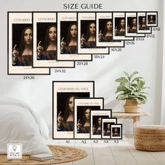 Leonardo da Vinci Salvator Mundi c1500 Portrait of Christ Art Print Poster size guide showing various dimensions.