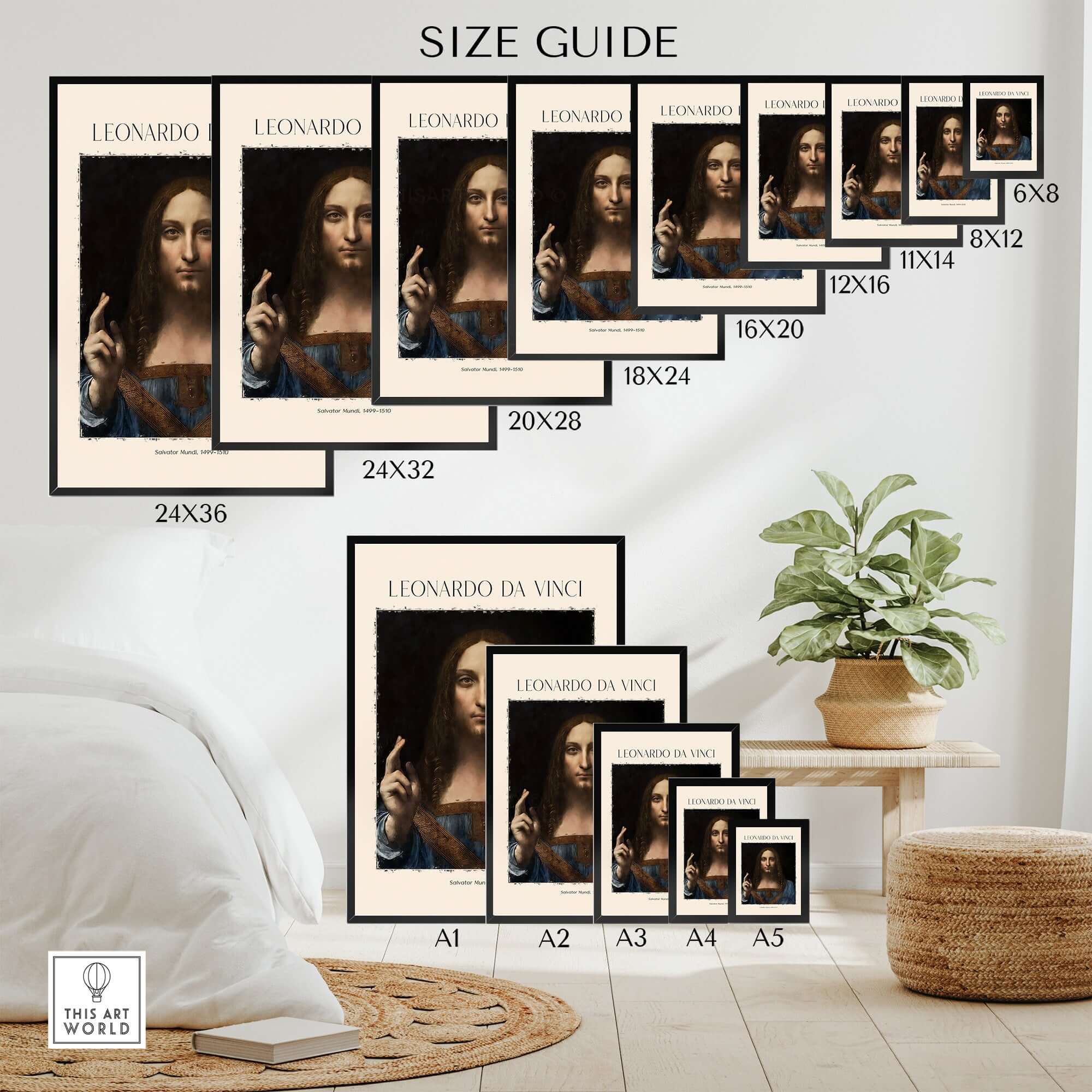 Leonardo da Vinci Salvator Mundi c1500 Portrait of Christ Art Print Poster size guide showing various dimensions.