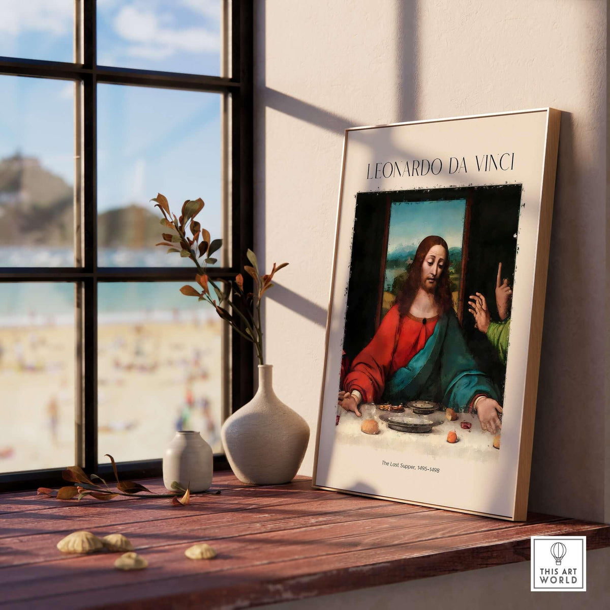Leonardo da Vinci Art Print -  The Last Supper Detail Christ 1498 Renaissance Mural Art Print displayed on a table by a window.