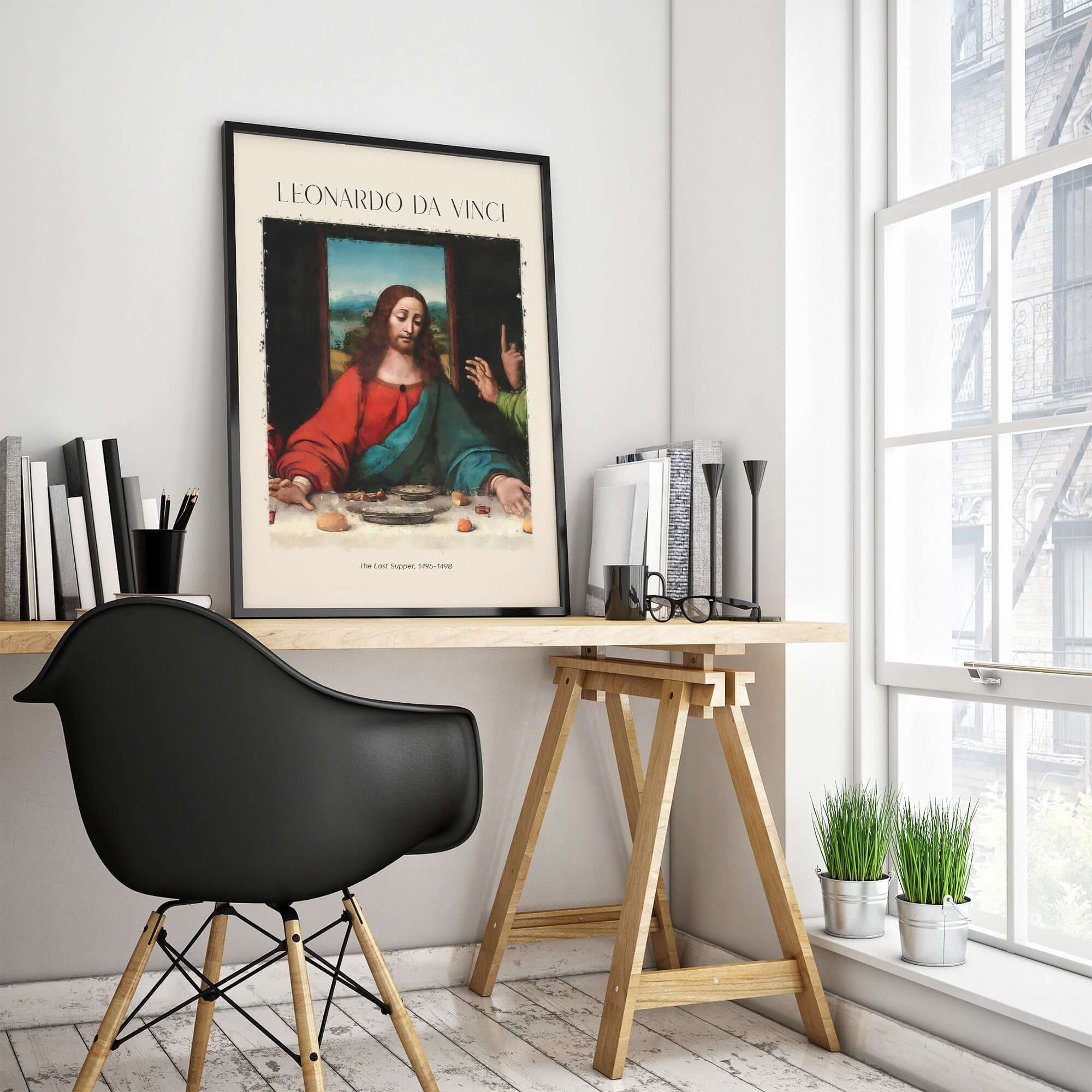 Leonardo da Vinci Art Print -  The Last Supper Detail Christ 1498 Renaissance Mural Art Print displayed in modern workspace.