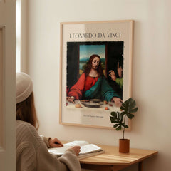 Leonardo da Vinci Art Print -  The Last Supper Detail Christ 1498 Renaissance Mural Art Print displayed in a cozy room.