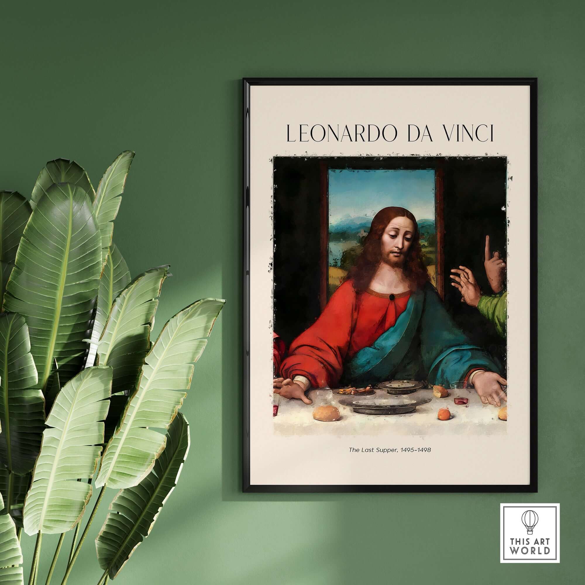 Leonardo da Vinci Art Print -  The Last Supper Detail Christ 1498 Renaissance Mural Art Print displayed on green wall.