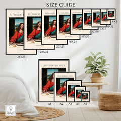 Leonardo da Vinci Art Print -  The Last Supper Detail Christ 1498 Renaissance Mural Art Print size guide with various dimensions.