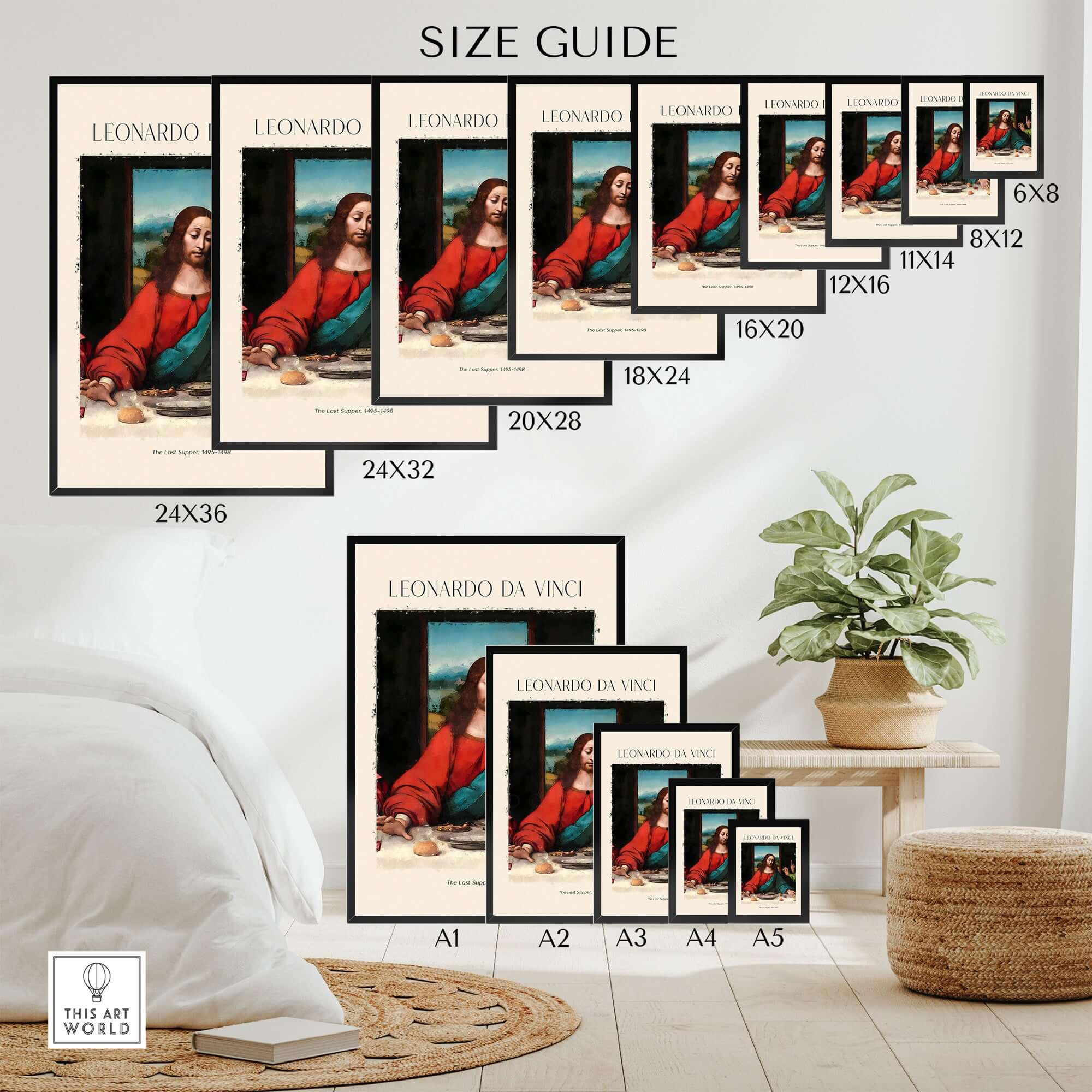 Leonardo da Vinci Art Print -  The Last Supper Detail Christ 1498 Renaissance Mural Art Print size guide with various dimensions.