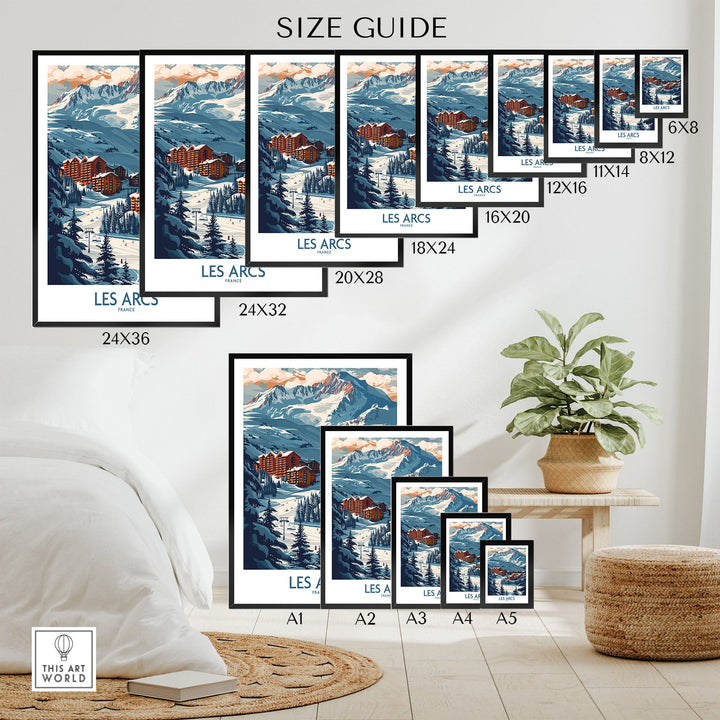 Les Arcs Ski Poster Size Guide – A vibrant display of available sizes from 6x8 to 24x36, perfect for home decor in France theme.