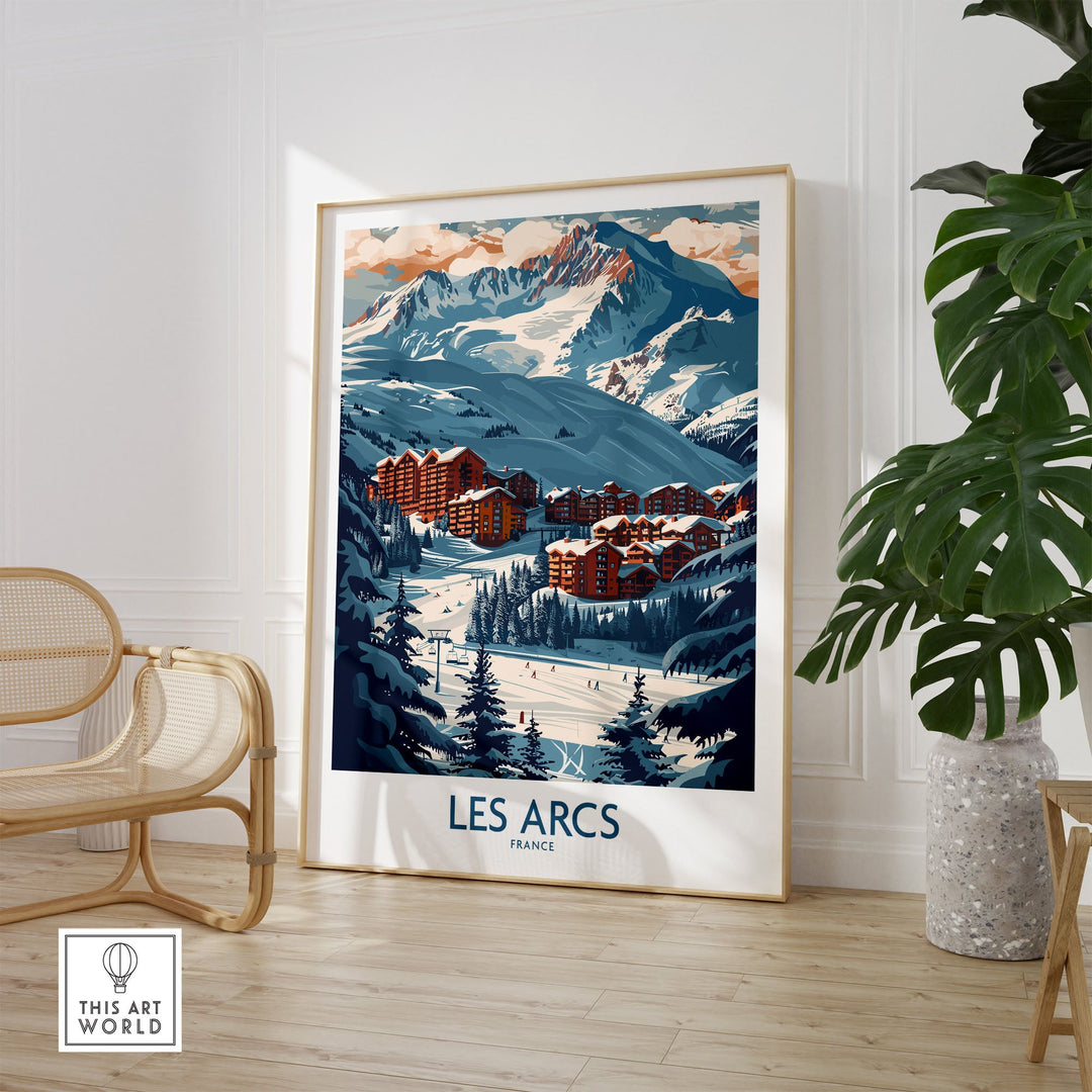 Les Arcs ski poster in a modern room, showcasing snowy mountains and chalets in France.