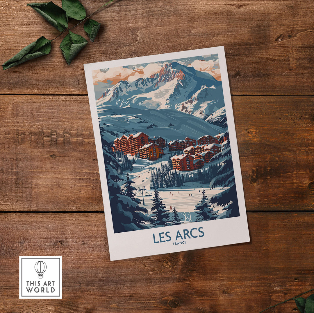 Vintage Les Arcs France ski poster featuring snowy mountain landscape, perfect for winter sports enthusiasts and home decor.